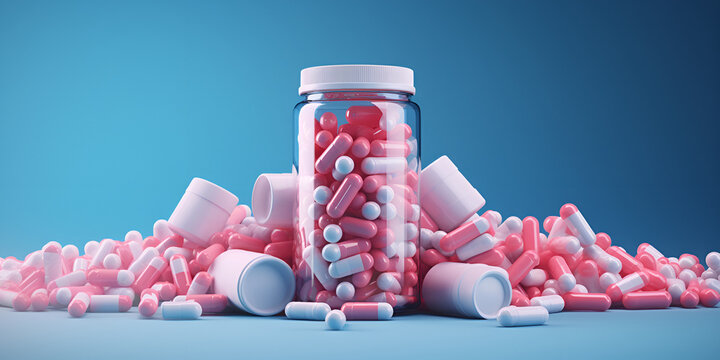  Medical Pills Bottle with pink white pills ad capsules Background Photo And Picture
