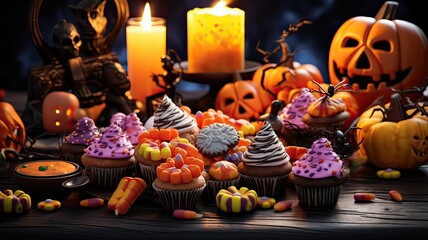 Halloween cupcakes on wooden board. 