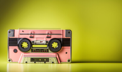 Naklejka premium Cassette tape close up, blank for of label, isolated and presented in punchy pastel colors, for nostalgic 90s creative design cover, poster, book, flyer, magazine, card, web & print copy space