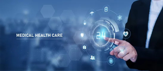 Foto op Plexiglas Hand Touching 24 hours medical servises.Healthcare and technology concept with flat icons and symbols. Template design for health care business, innovation medicine, pharmaceutical industry © Tanarat