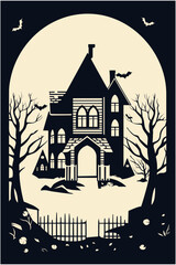 Halloween creepy spooky house. Haunted and cursed mansion at night. Vector poster, party invitation, black and white illustration concept - obrazy, fototapety, plakaty