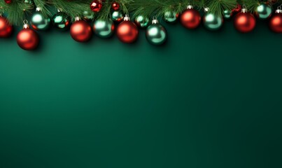Christmas tree branches with colorful baubles on a green background