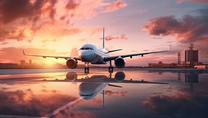 Airplane in the runway with sunset sky background.