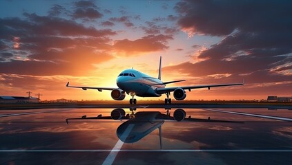 Naklejka premium Airplane in the runway with sunset sky background.