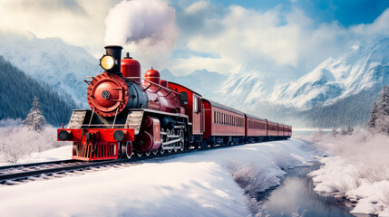 Old red locomotive chugging through spectacular snowy landscape