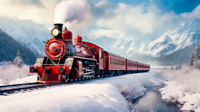 Old red locomotive chugging through spectacular snowy landscape