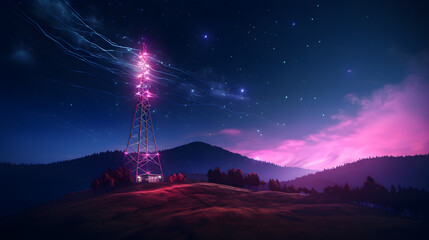 A telecom Tower with glowing lines in pink& blue flowing from left to right, Dark Image, Realistic photo, tower in the mountains, aurora borealis over the mountains - obrazy, fototapety, plakaty