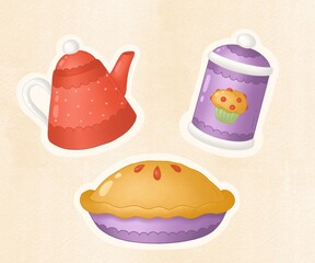 tea clipart. kitchen cozy watercolor digital illustration. apple pie with tea. tea time illustration