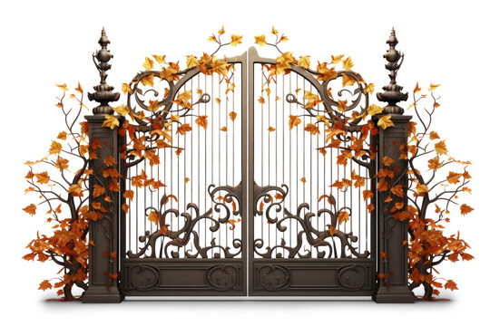 closed forged gates braided with autumn leaves, png file of isolated cutout object with shadow on transparent background.