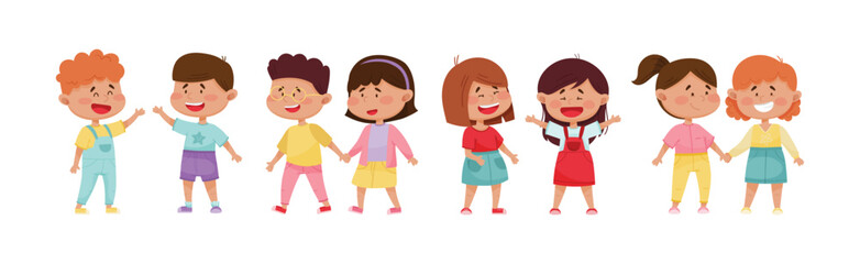 Happy Friendly Children Characters Playing Together Vector Set