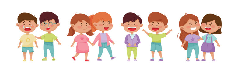 Happy Friendly Children Characters Playing Together Vector Set