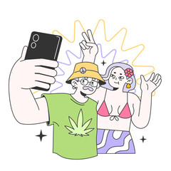 Stylish adult characters holding a smartphone, taking a selfie
