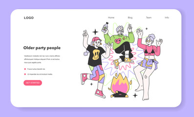 Mature characters dancing and drinking alcohol at festival campsite