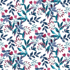 Watercolor small floral blue pink seamless vector pattern