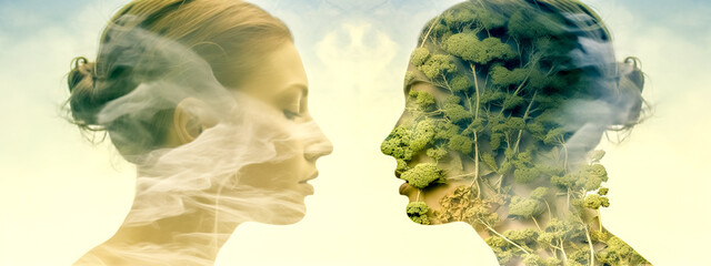 connected people and nature, abstract creative portrait with double exposure