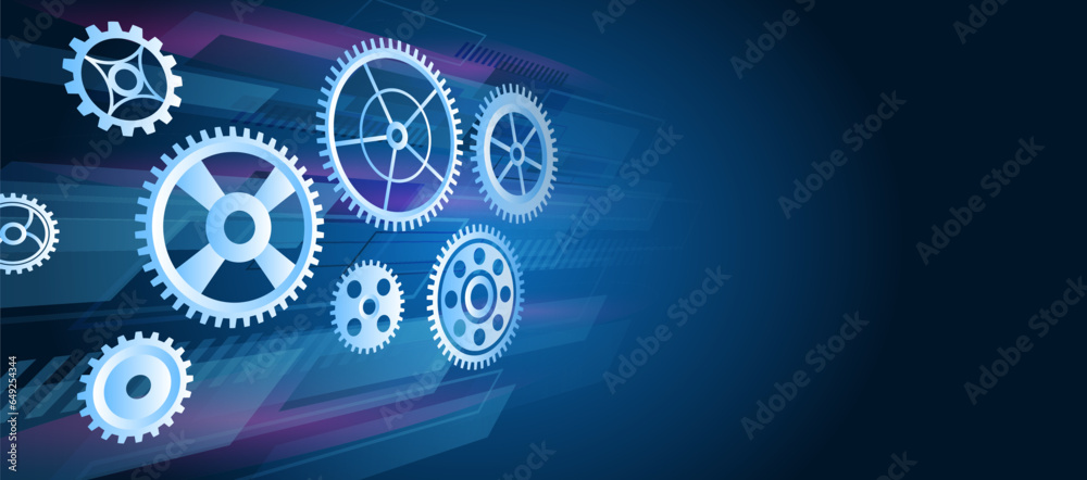 Poster The mechanism consisting of gears on a blue background for the presentation. Cogwheel for science experiment presentation. Futuristic high tech concept. Business and industry internet banner