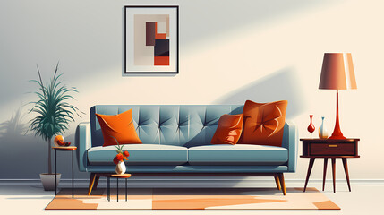 Blue Couch With Orange Pillows And A Vase Of Flowers On A Table