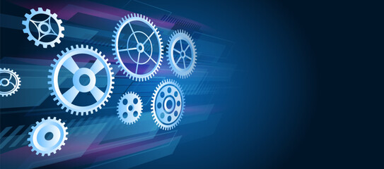 The mechanism consisting of gears on a blue background for the presentation. Cogwheel for science experiment presentation. Futuristic high tech concept. Business and industry internet banner