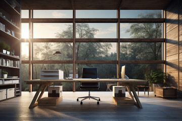 Modern home office with nature view from windows.