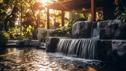 Fototapeta premium Home Modern design with small waterfall decoration with morning sun light background.