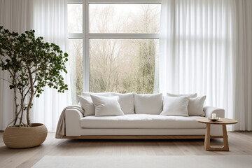Minimal White modern sofa furniture with curtain windows in living room.