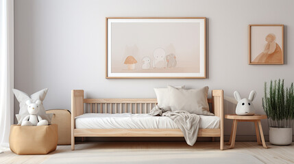 Fototapeta na wymiar Mock up frame in children room with natural wooden furniture, 3D render