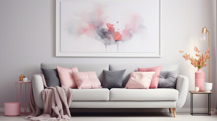 Grey sofa with pink pillows and blanket. Generative AI - obrazy, fototapety, plakaty