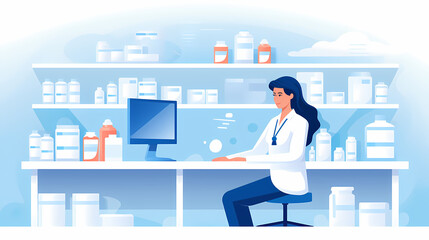 Woman Sitting At A Counter In A Pharmacy