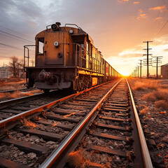 Obraz premium freight train rushes along railway at sunset in autumn 3d illustration high quality halloween