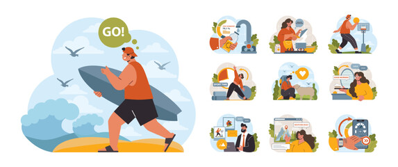 Active and healthy lifestyle set. Proper nutrition, water balance, physical