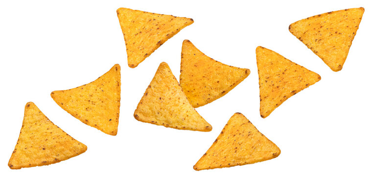 Falling corn chips, hot mexican nachos isolated on white background 
