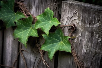 ivy leaf climbing up a rustic wooden fence