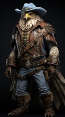Fototapeta premium Western style eagle, hawk animal, with hat and old clothes. High detailed photo realistic. Black or dark background Generative AI