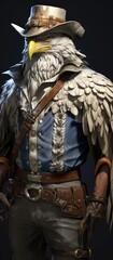 Western style eagle, hawk animal, with hat and old clothes. High detailed photo realistic. Black or dark background Generative AI