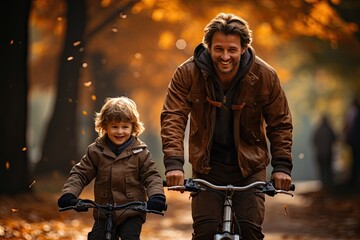 Fototapeta premium Dad and son riding bicycles in the autumn park. Man helping child to learn bike. Family values, child support, fathers day concept. Selective focus.