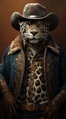 Western style jaguar animal, with hat and old clothes. High detailed photo realistic. Black or dark background Generative AI