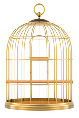 Golden bird cage, gold birdcage. 3D rendering isolated on transparent background