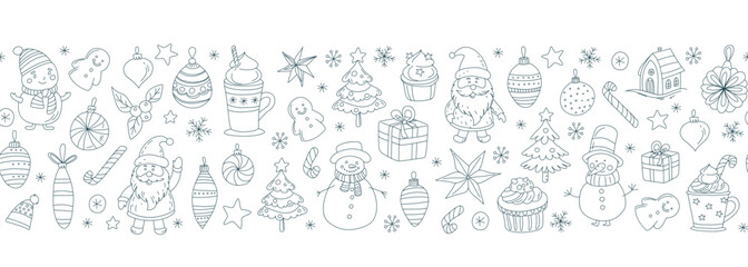 Christmas Doodle Seamless Pattern Santa Claus, Snowmen, Hot Chocolate Festive Holiday