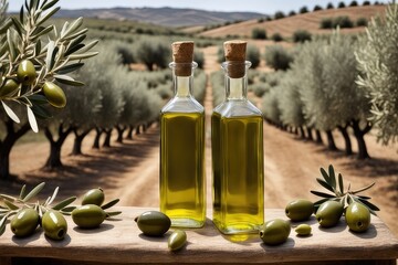 bottle of oil with olives - obrazy, fototapety, plakaty