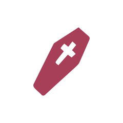 Halloween pink coffin with a cross in doodle flat style. Hand drawn element for halloween concept. Halloween symbol isolated on white background