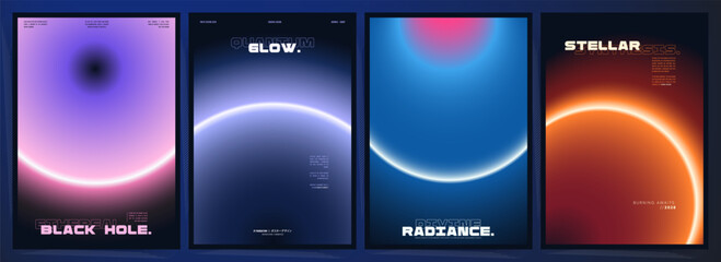 Gradient Poster Templates with Neon Abstract Rings and Futuristic Technology Font in Dark Space Theme. - obrazy, fototapety, plakaty