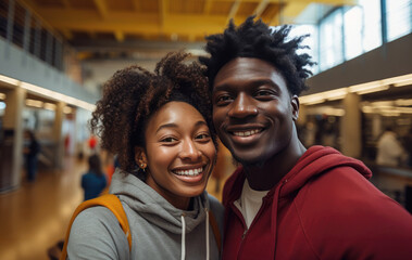 Young smiling Africa American couple taking selfie in the shopping mall, shot on smart phone.