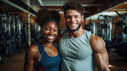 Fototapeta na wymiar Portrait of young smiling couple in the gym.