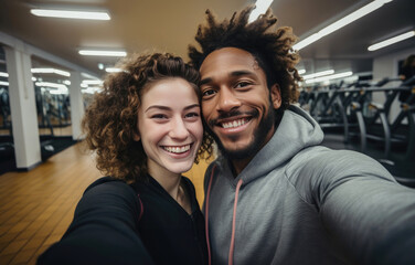 Young smiling couple taking selfie in the gym, shot on smart phone.