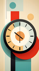 Vector Clock Illustration. Bold Colors. Crips Line Art of Time, Watch, Wall Clock.  9:16 Horizontal Aspect Ratio.