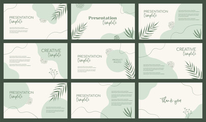 Organic green presentation templates. Natural floral green vector backgrounds with abstract shapes and palm leaves