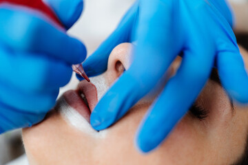 Professional permanent make up procedure. Tattoo lips makeup treatment in modern beauty salon. - obrazy, fototapety, plakaty
