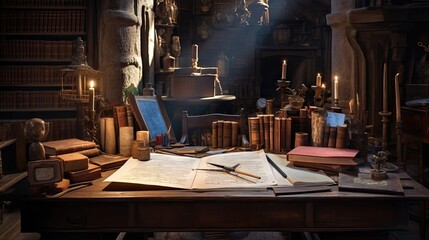 Creative focus, classical inspiration, vintage atmosphere, authorial craftsmanship, aged quills and inkwells, writer's sanctuary, writing tradition. Generated by AI.