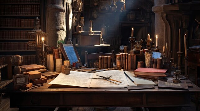 Creative focus, classical inspiration, vintage atmosphere, authorial craftsmanship, aged quills and inkwells, writer's sanctuary, writing tradition. Generated by AI.