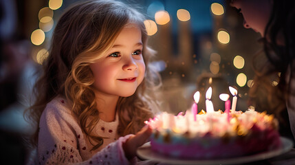 Obraz na płótnie Canvas Caucasian Toddler Girl's Joyful Birthday Candle Moment. Generative AI
